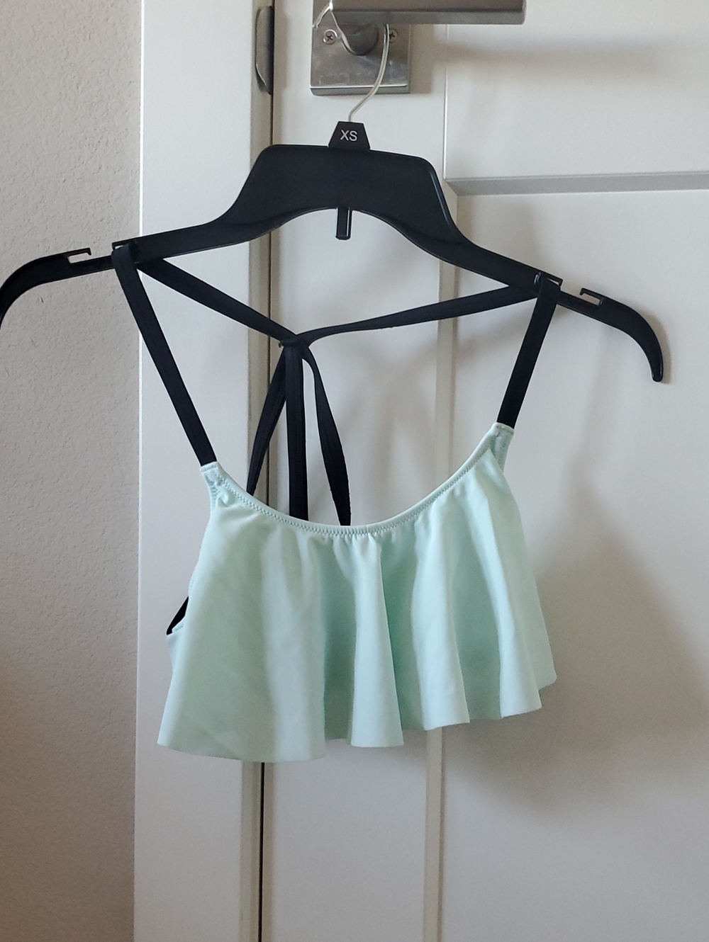Mint Ruffle Bikini Top with Black Straps